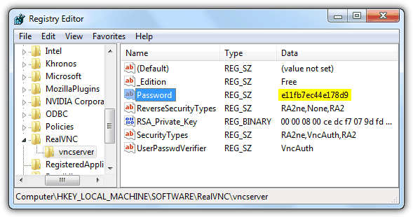 vnc server registry key